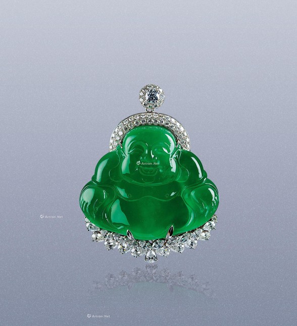 缅甸天然木纳玻璃种翡翠「弥勒佛」配钻石吊坠