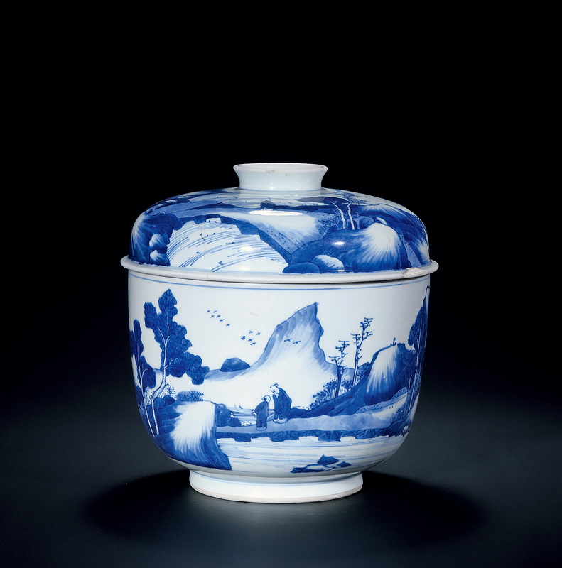 Qing Dynasty A BLUE AND WHITE JAR WITH DESIGN OF LANDSCAPE AND FIGURE