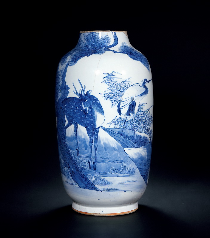 Qianlong Period, Qing Dynasty A BLUE AND WHITE VASE WITH DESIGN OF CRANE AND DEE