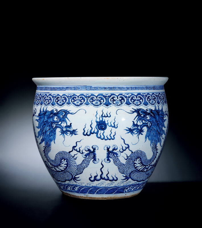Qing Dynasty A BLUE AND WHITE JARDINIERE WITH DESIGN OF DRAGON AND PEARL